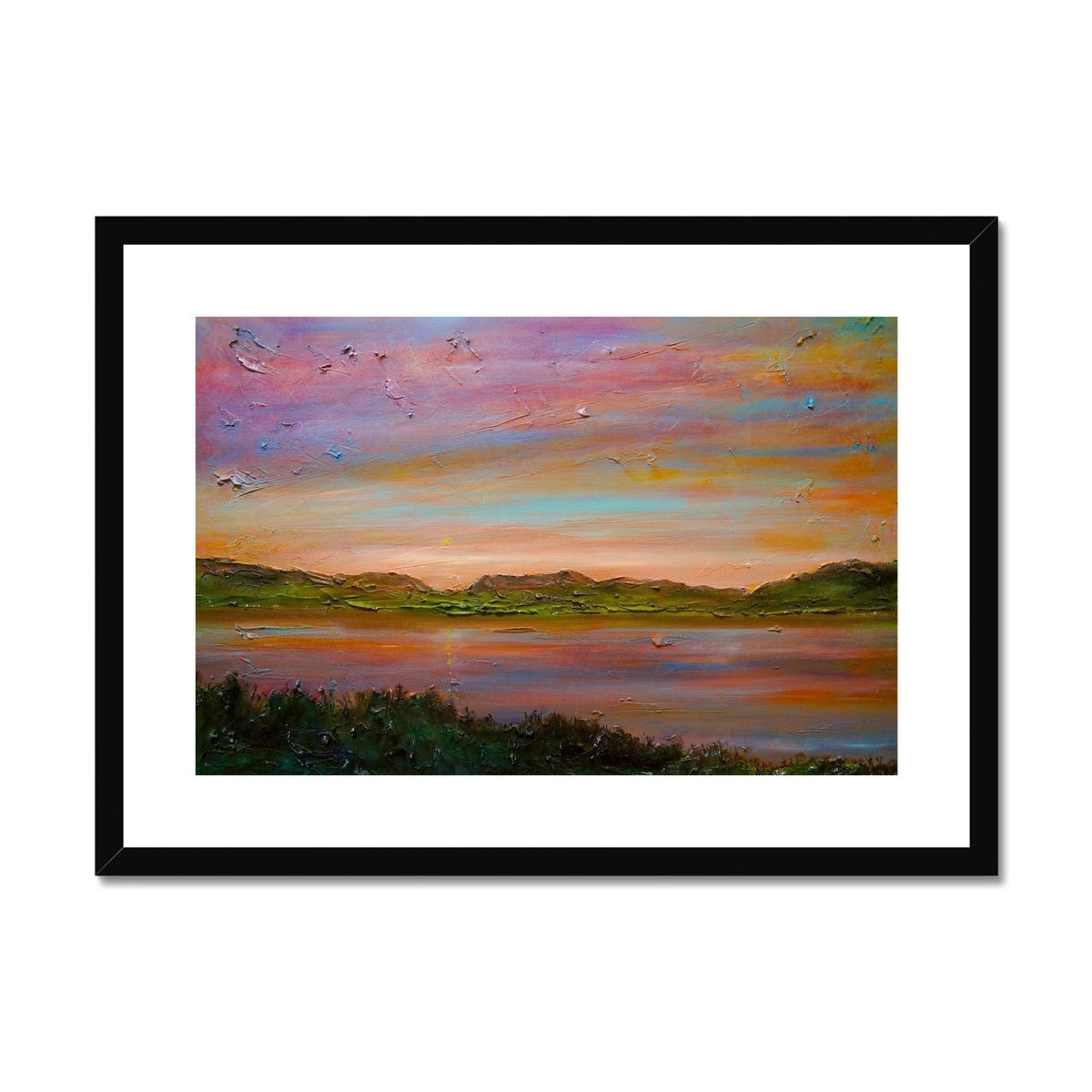 Framed impasto sunset painting over a lake with mountains, part of Gourock Golf Club print