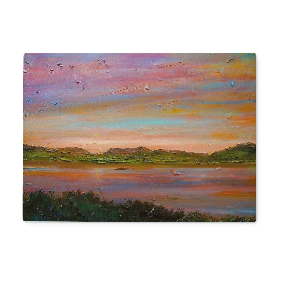 Vibrant impressionistic landscape painting of a lake and mountains at sunset on Gourock Golf Club Chopping Board
