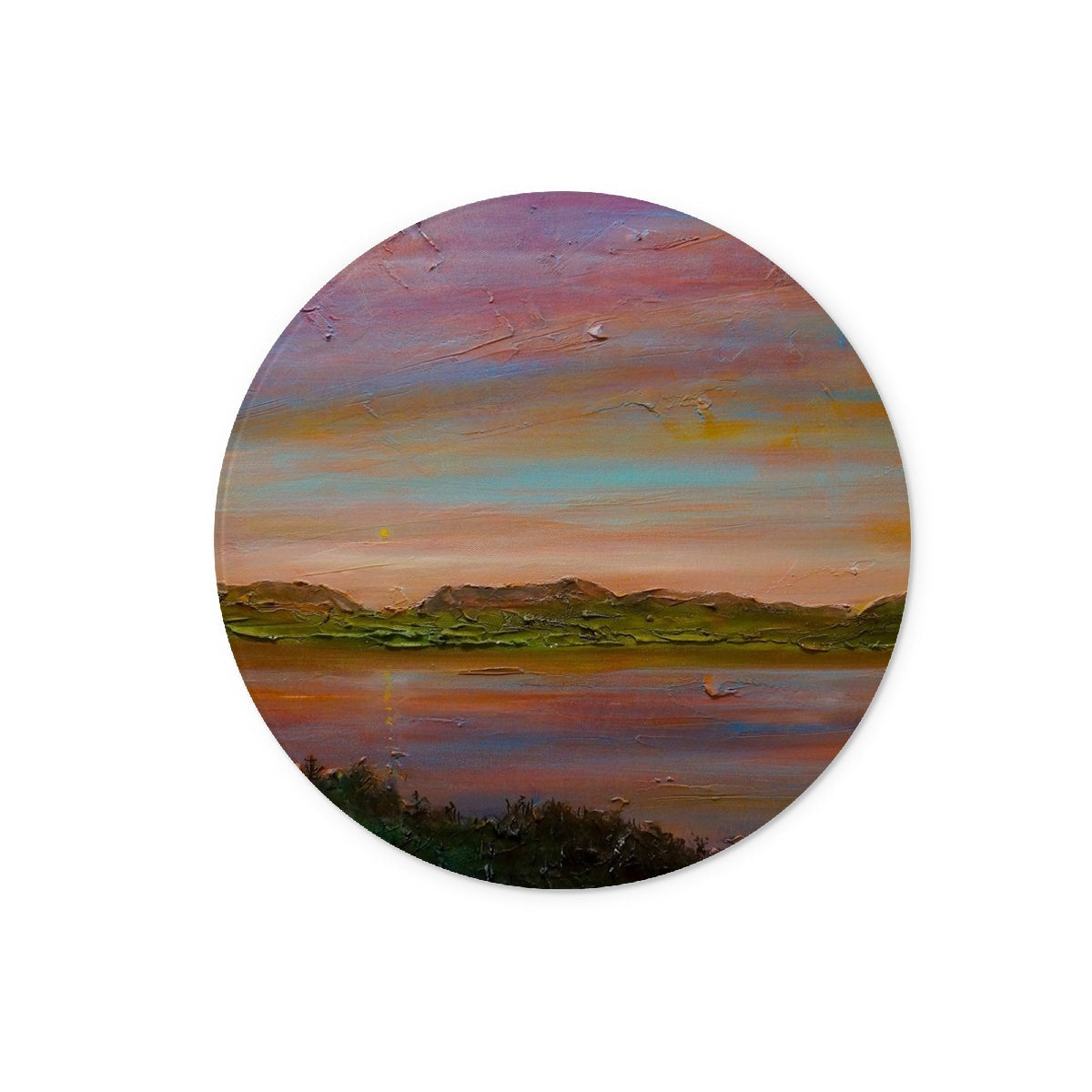 Circular oil painting of a sunset over a lake with mountains on Gourock Golf Club Chopping Board
