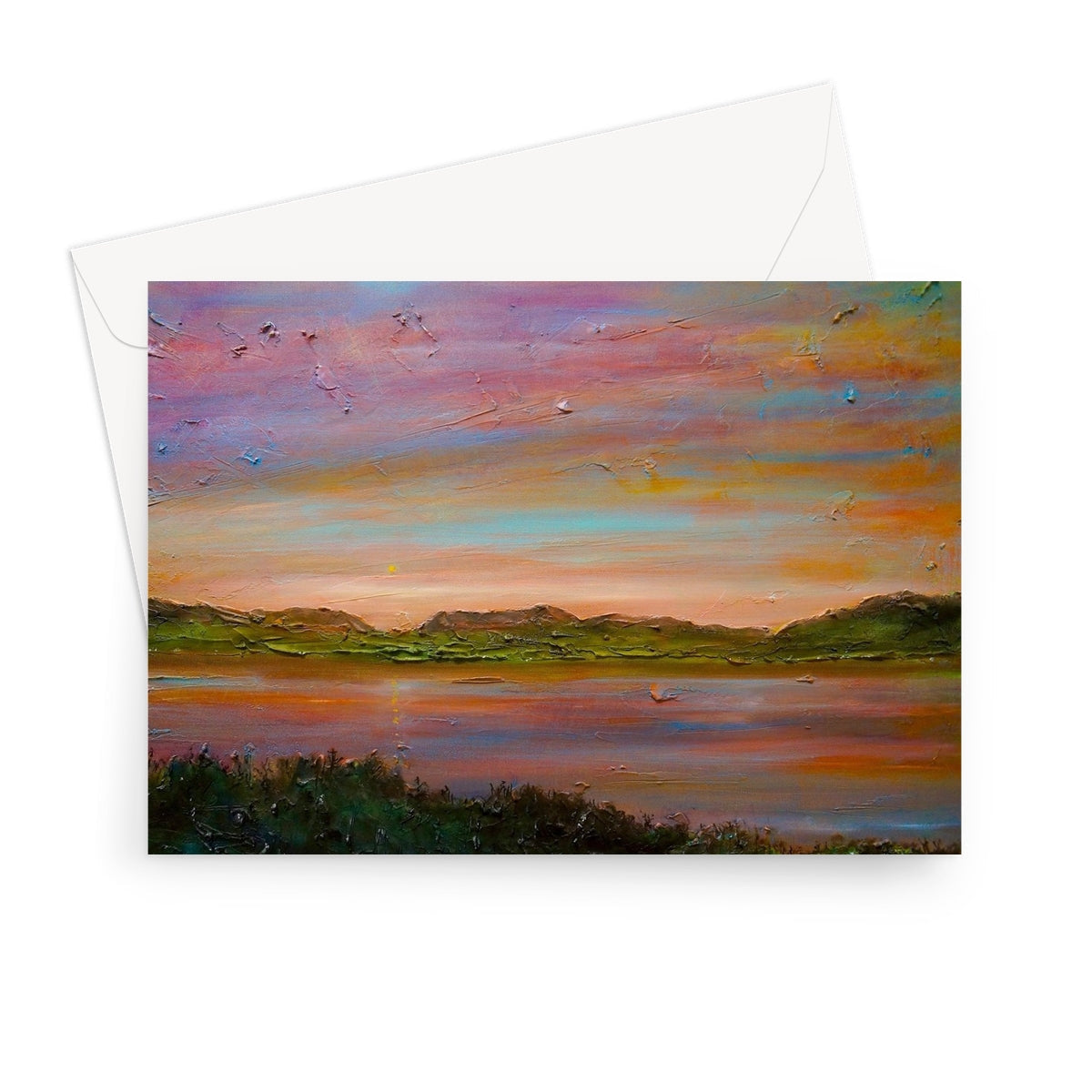 Artistic Gourock Golf Club Sunset Greeting Card with vibrant lake landscape painting