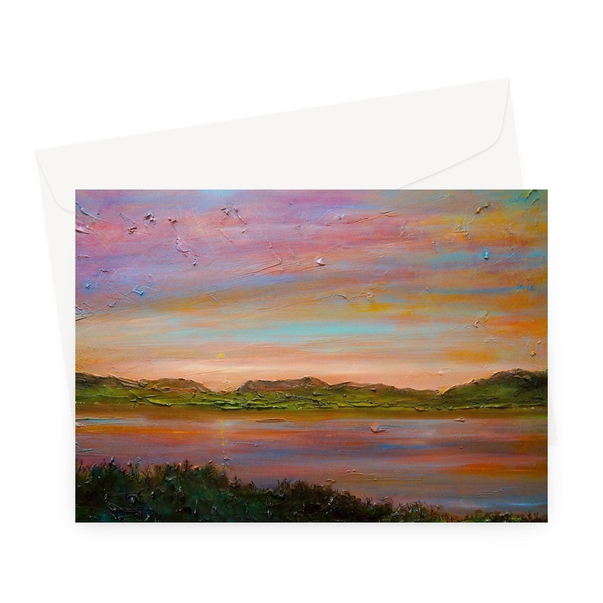 Vibrant oil painting of sunset landscape with mountains and lake on Gourock Golf Club greeting card