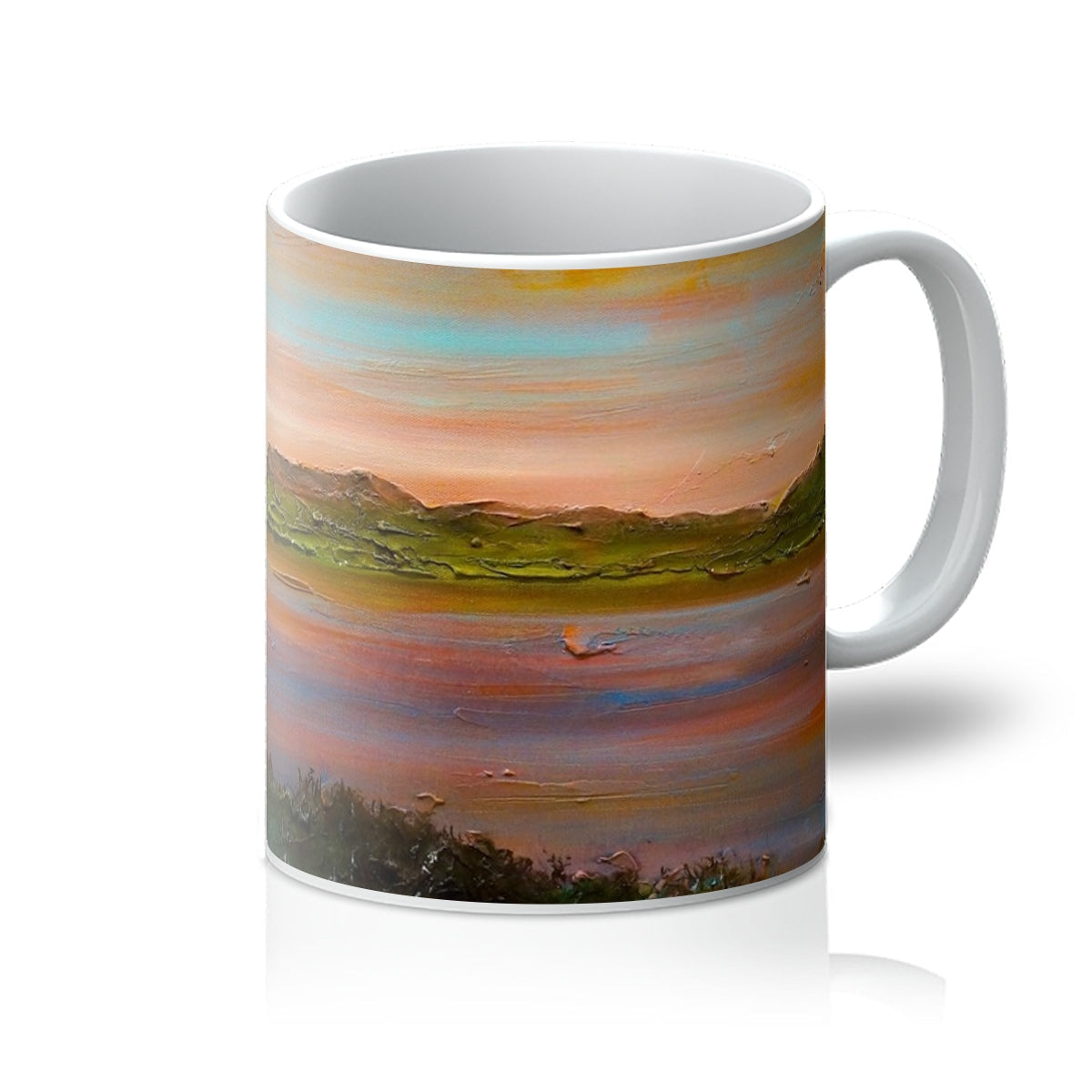 White ceramic Gourock Golf Club Sunset Mug featuring an impressionistic landscape painting