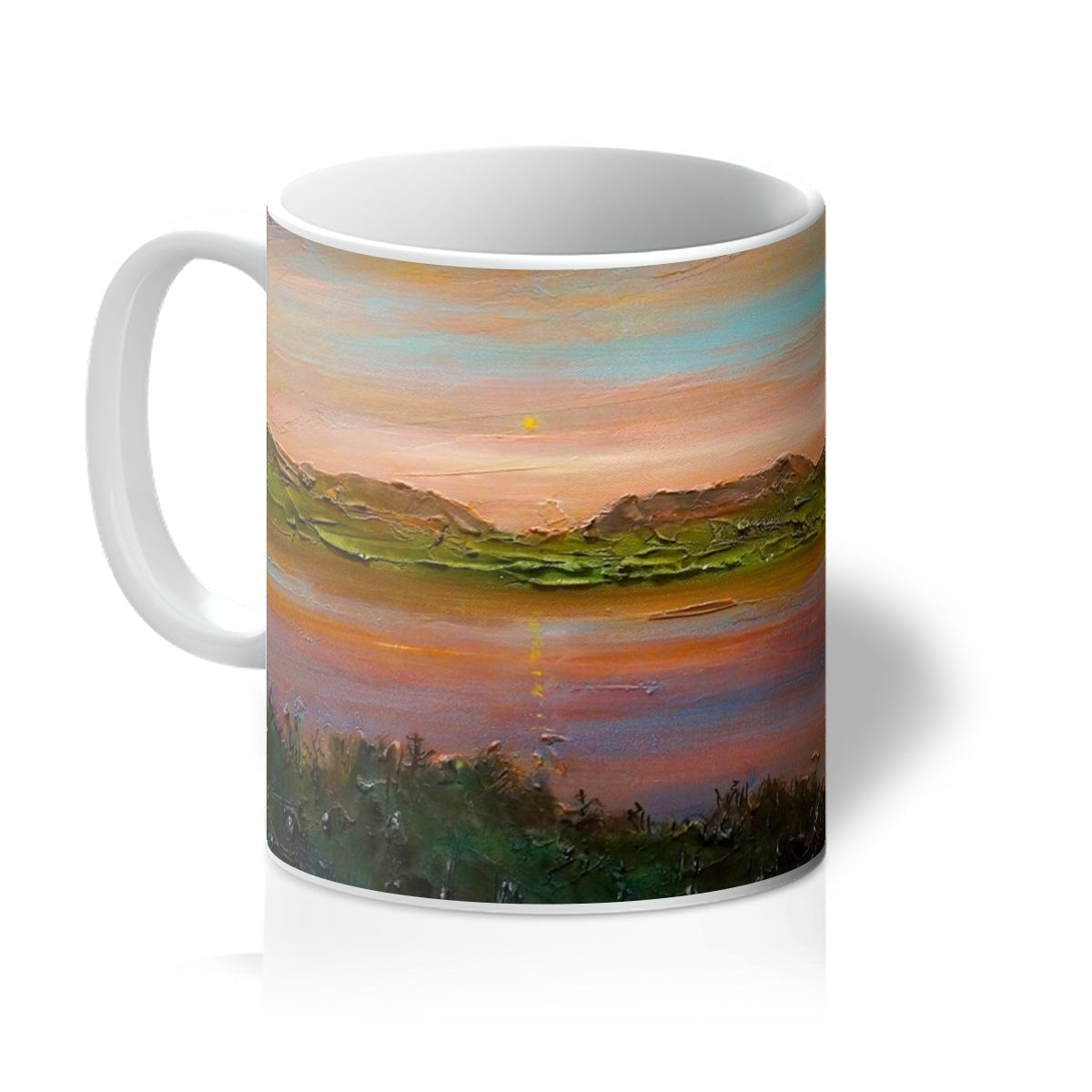 White ceramic Gourock Golf Club Sunset Mug with colorful textured landscape painting