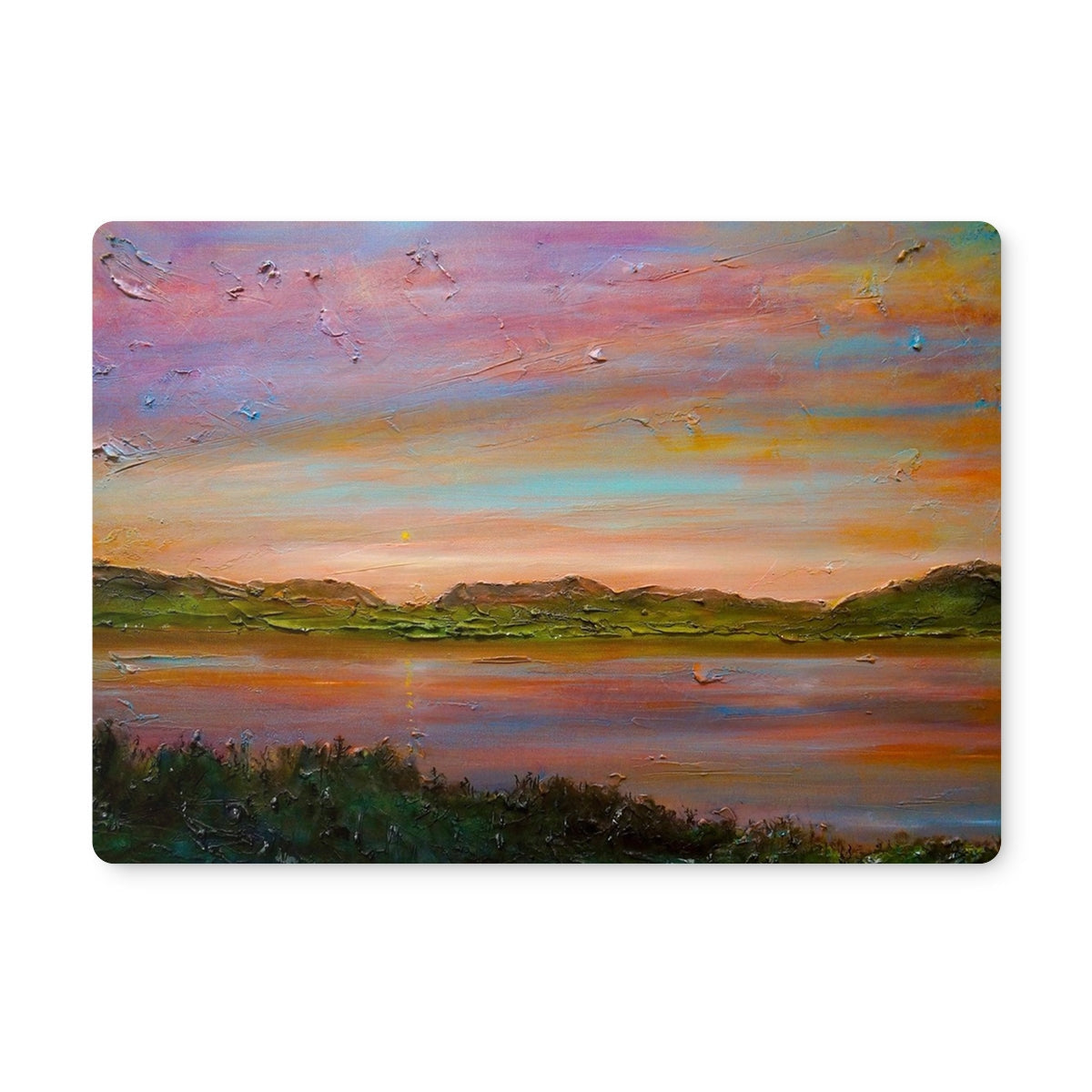 Textured oil painting of a vibrant sunset over a lake with mountains for Gourock Golf Club placemat