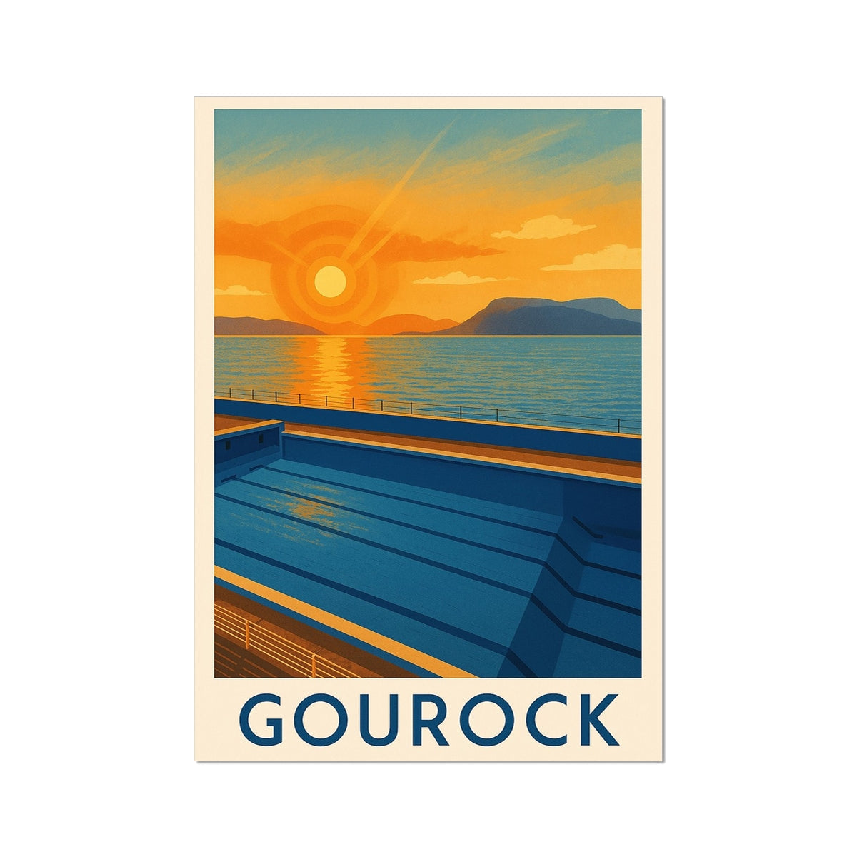 Vintage Gourock travel poster print with sunset sea steps