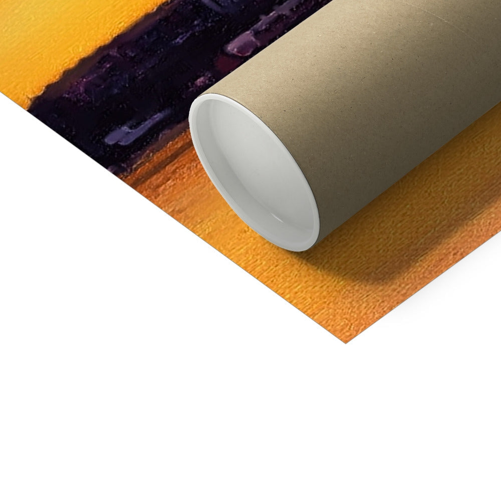 Brown cardboard tube with white end cap and orange wrapping paper for Gourock Sunset print