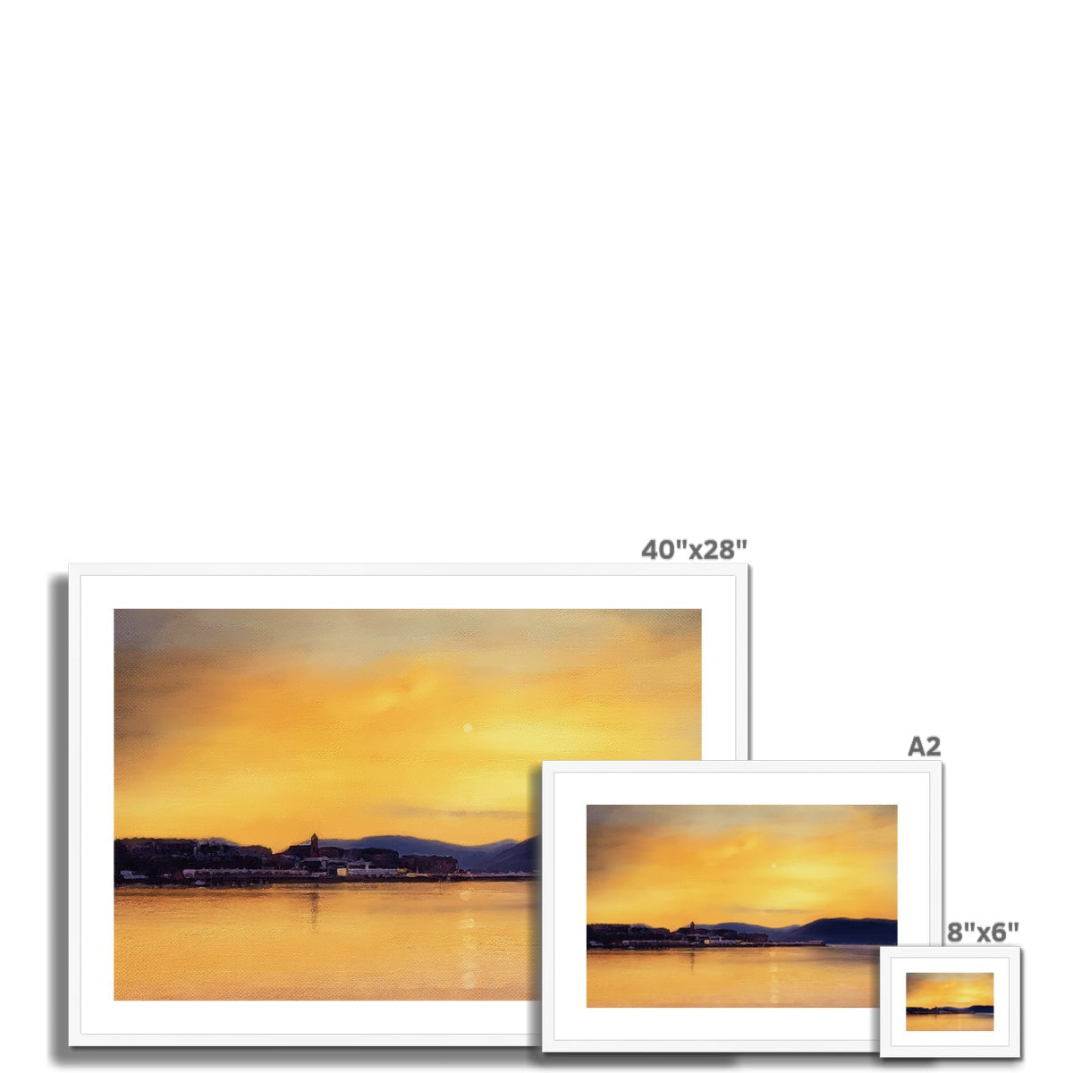 Framed Gourock Sunset From Cardwell Bay print with warm golden hues and soft brushstrokes