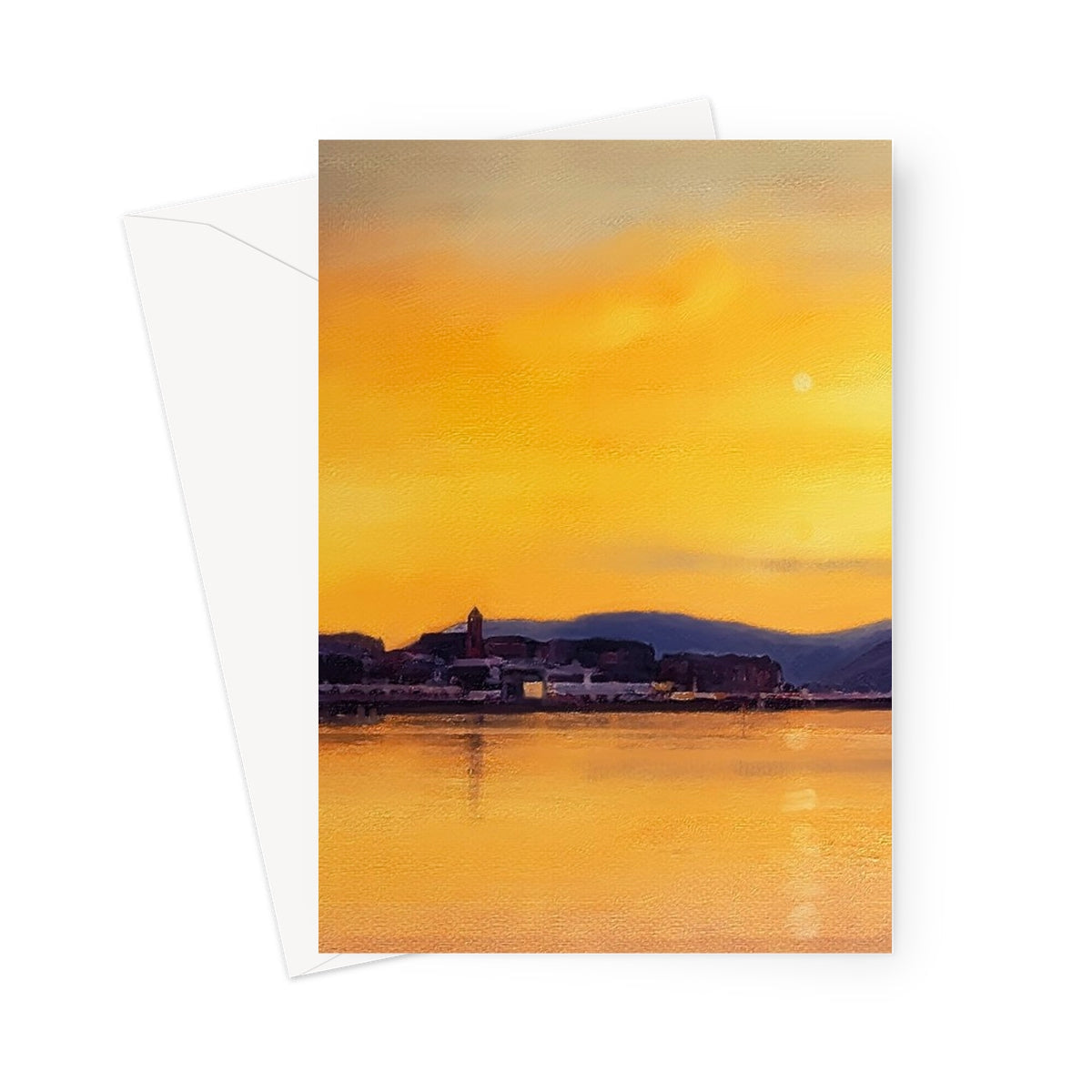 Yellow watercolor sunset cityscape greeting card from Gourock