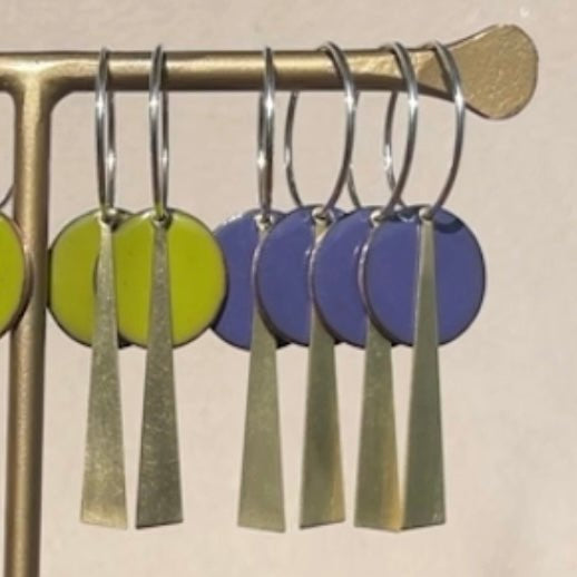 Bright lime green and royal blue wine ring charms with silver tags by Lindsay Mcdowall Jewellery