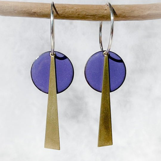 Grape Purple geometric drop earrings in purple and gold, modern design