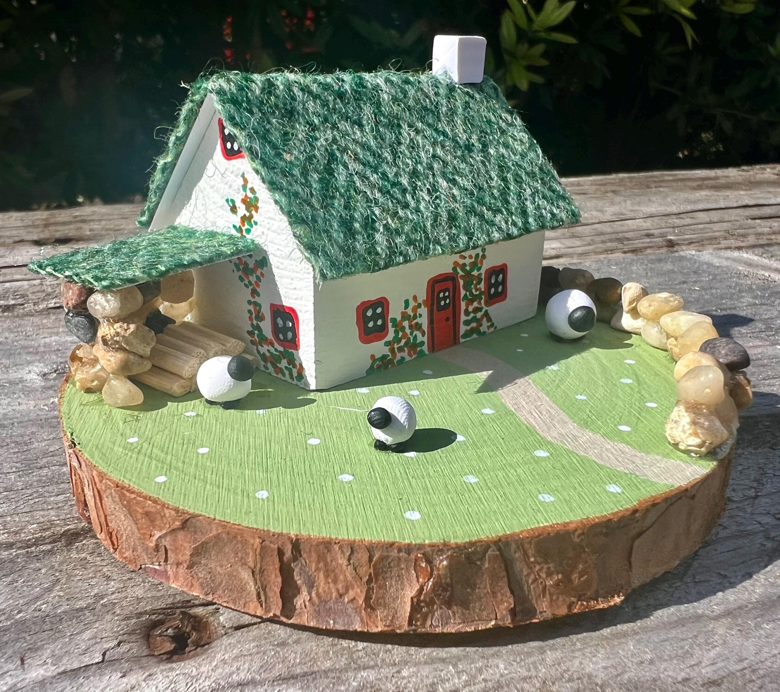 Handcrafted Green Harris Tweed Miniature Scottish Bothy with Sheep and Log Store