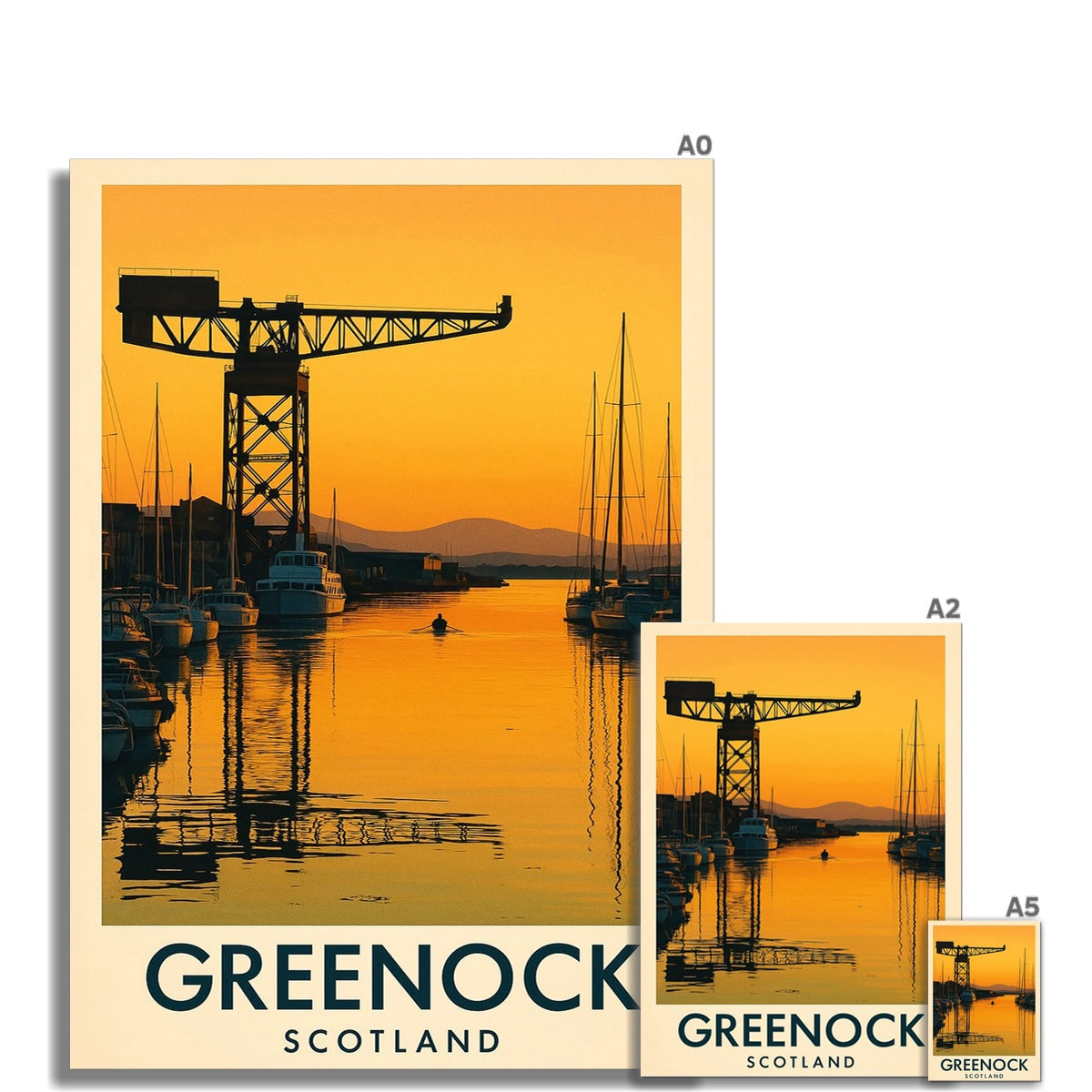 Yellow vintage poster of Greenock Scotland crane marina scene, fine art print