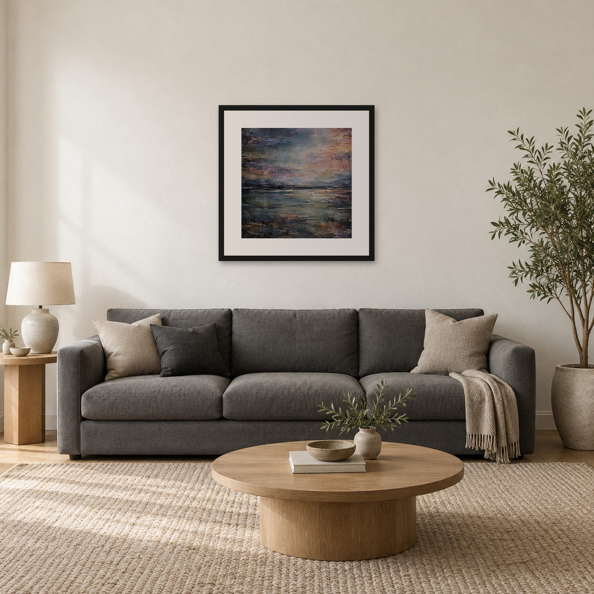 Haar Horizon 20x20 inch artist proof print framed with mount above a grey sofa, shown to scale