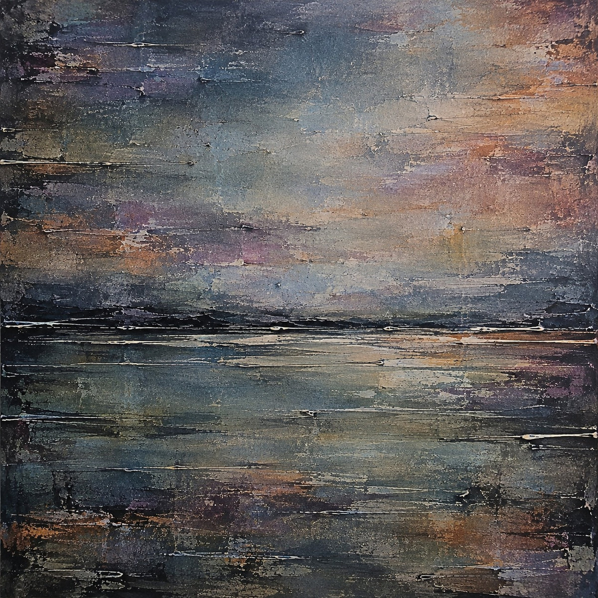Haar Horizon original abstract seascape painting in slate blue, violet and copper with horizontal paint runs by Scottish artist Kevin Hunter