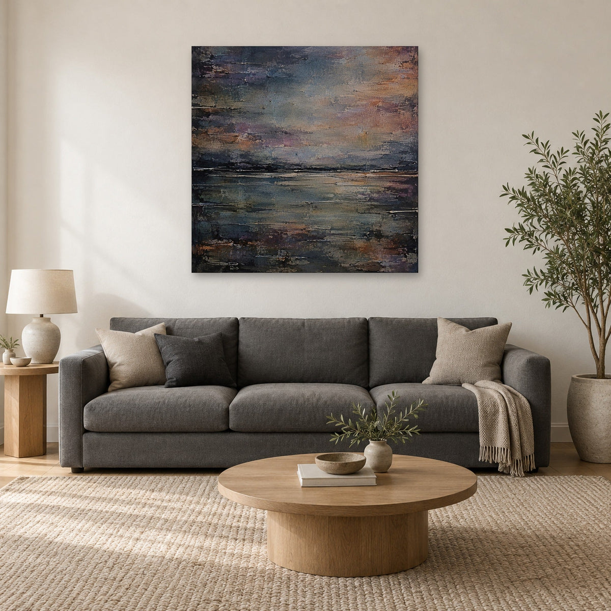 Haar Horizon 40x40 inch original abstract painting hanging above a grey sofa in a living room, shown to scale