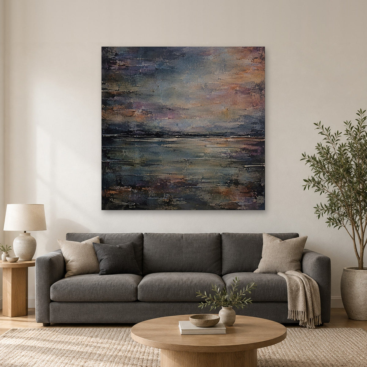 Haar Horizon 48x48 inch statement canvas above a grey sofa in a living room, shown to scale