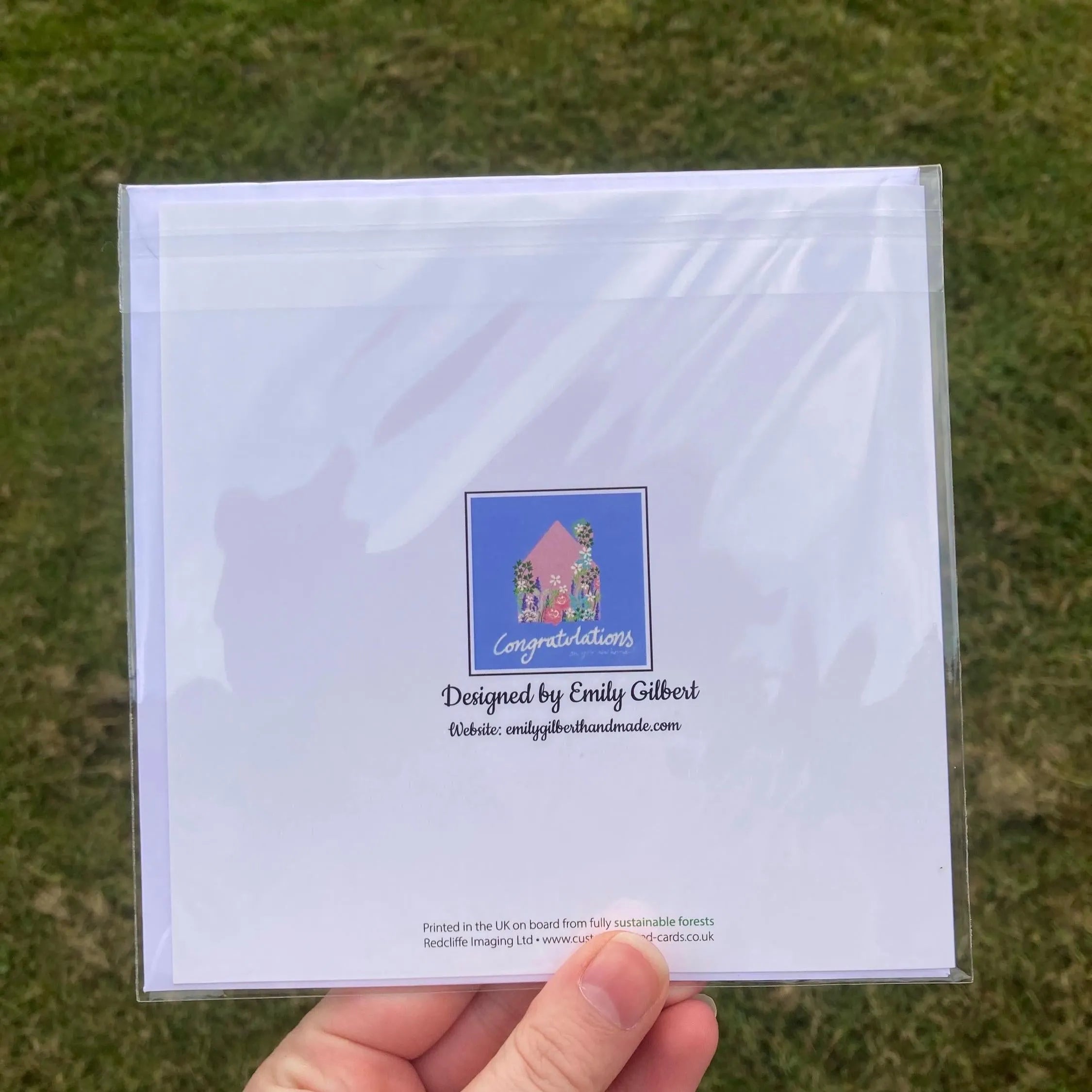 White Hand-Drawn New Home Square Greetings Card in clear plastic sleeve