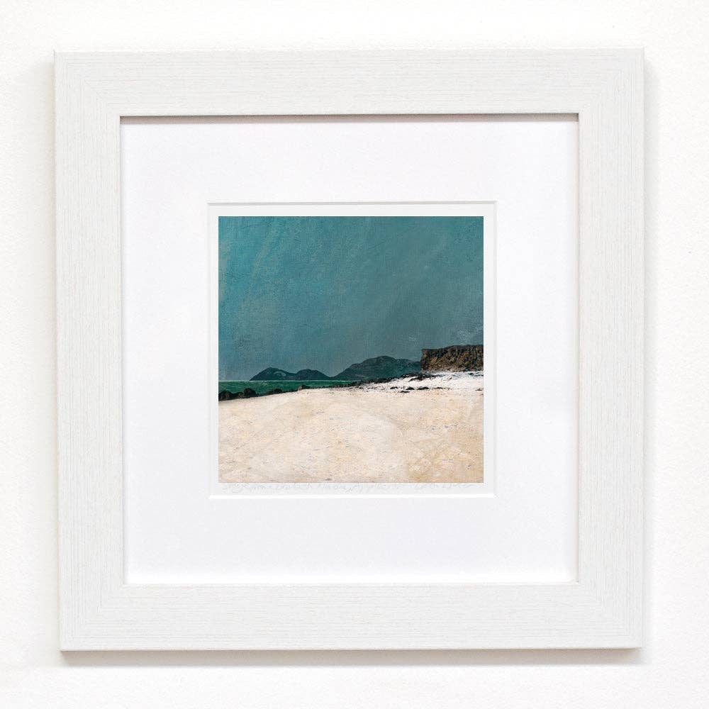 White framed Harris mini-print of Coral Beach Isle of Skye coastal scene by Cath Waters