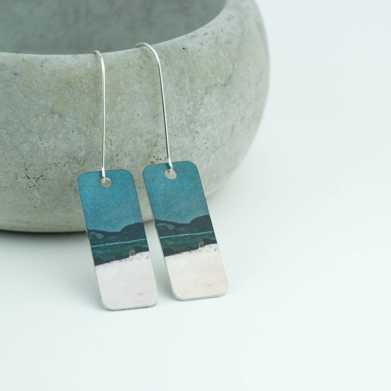 Rectangular teal and white beach scene earrings by Cath Waters