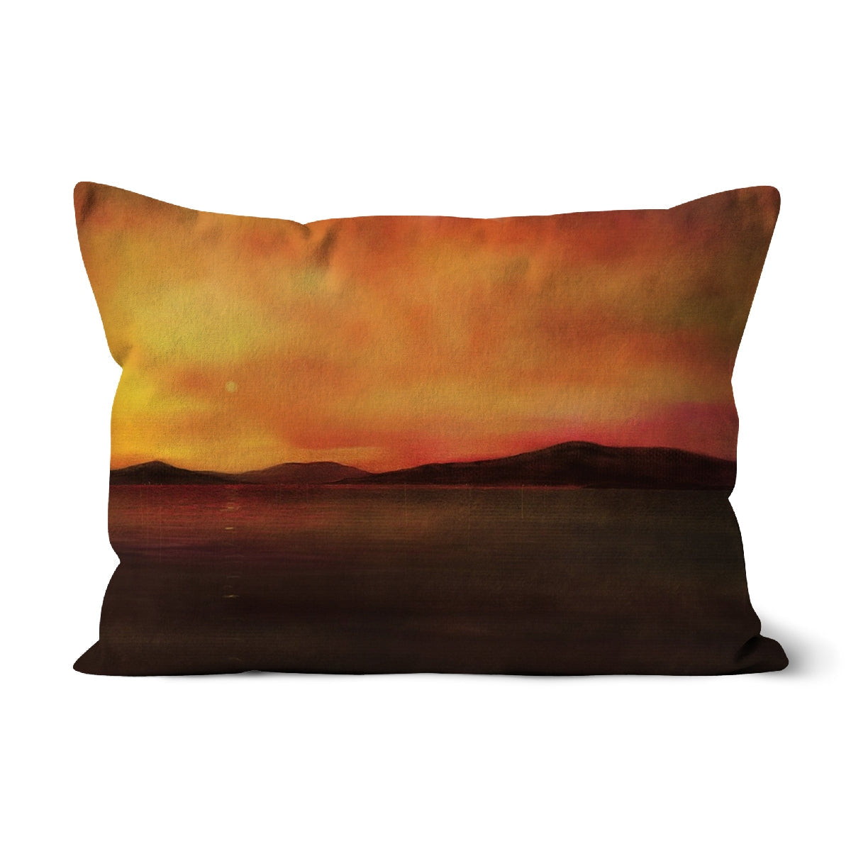 Vibrant orange sunset-themed Harris Sunset Cushion with textured fabric