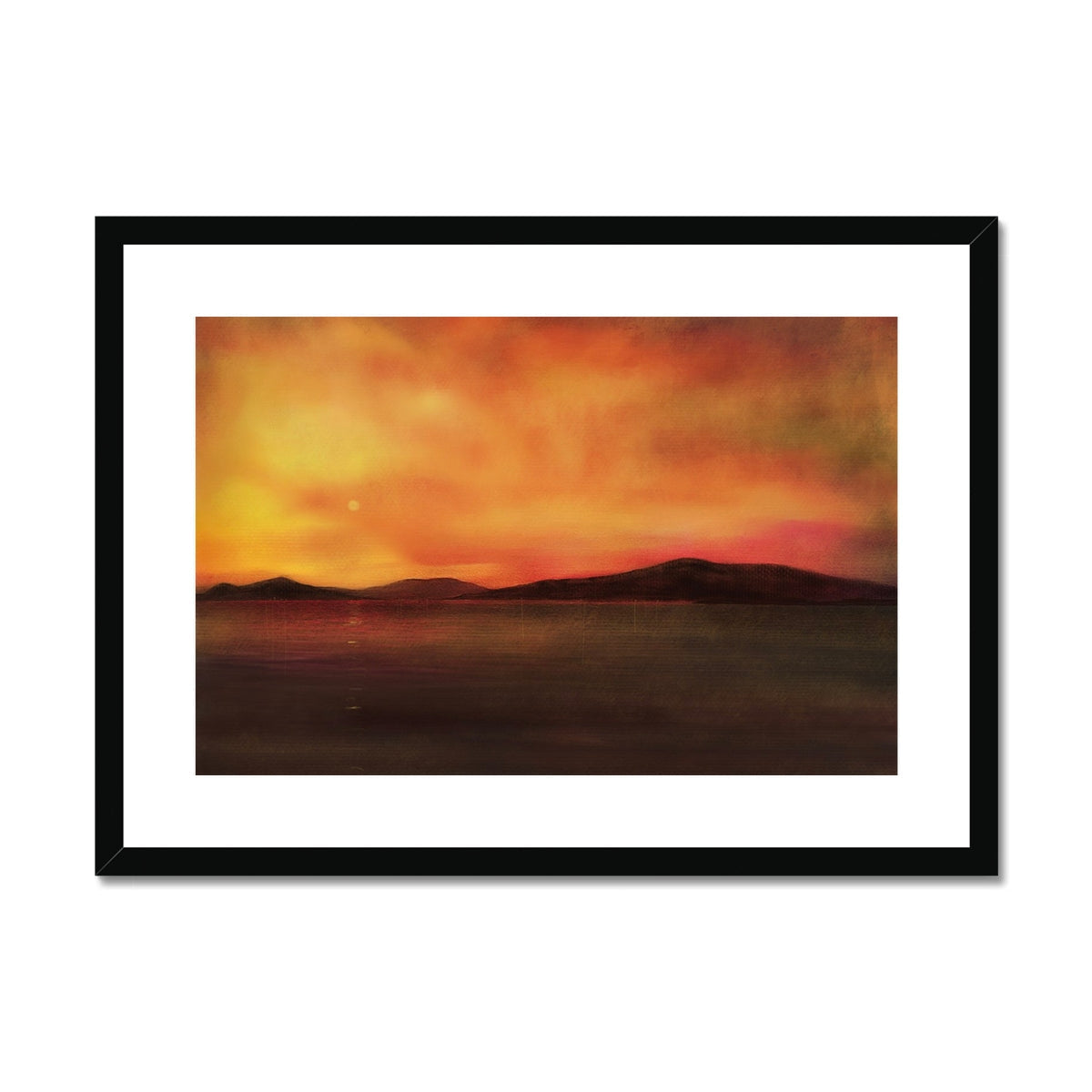 Harris Sunset Art Print: Black Framed Vibrant Orange Yellow Landscape