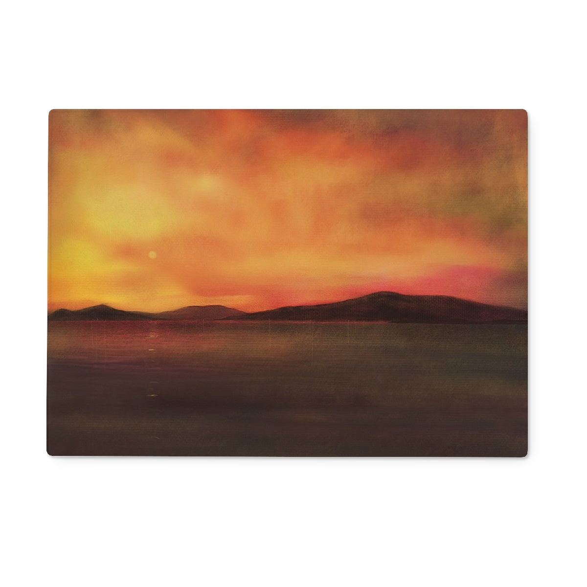 Harris Sunset Glass Chopping Board: sunset-themed metal placemat in orange and yellow hues