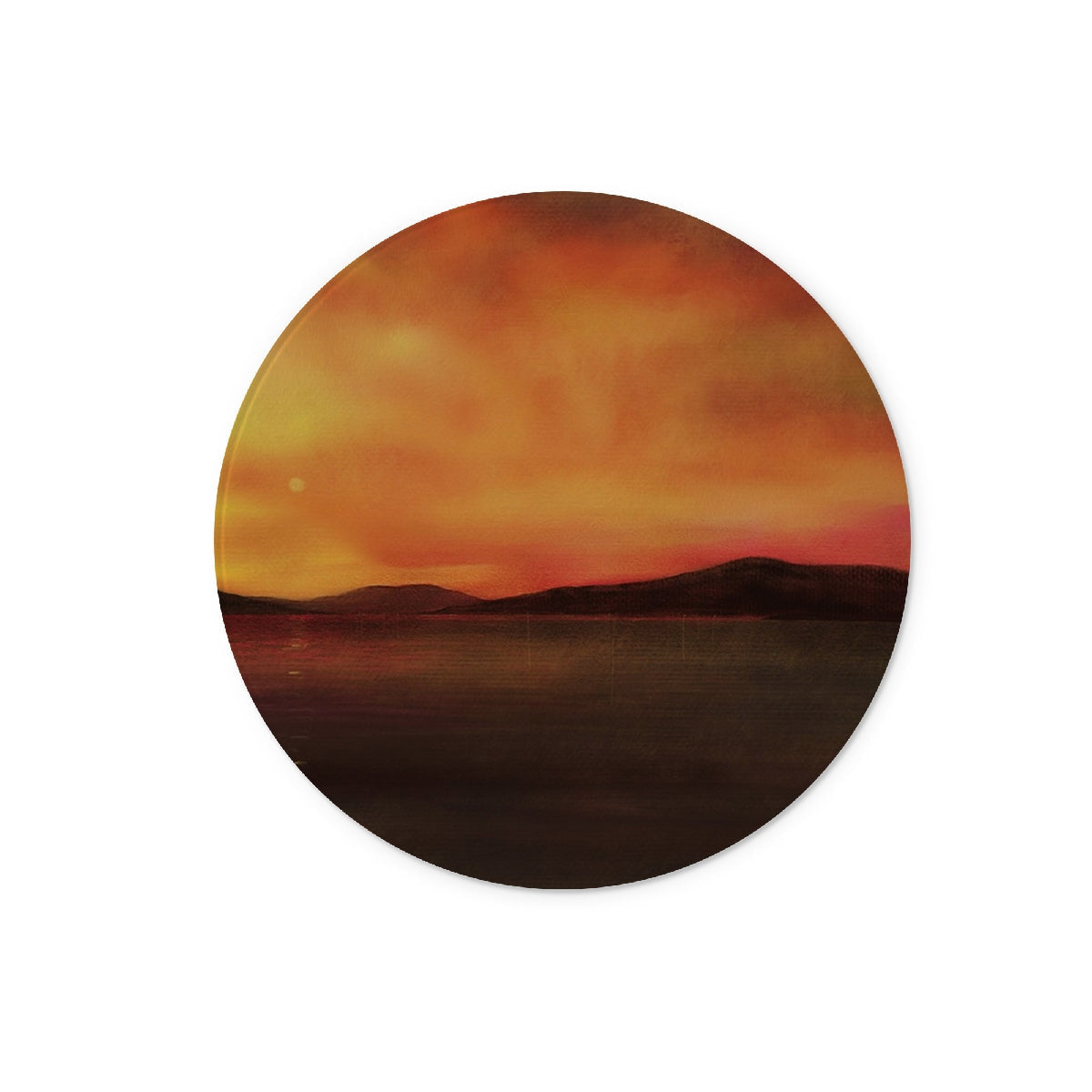 Orange sunset circular sticker on Harris Sunset Glass Chopping Board