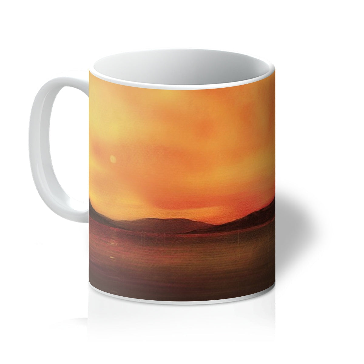 Harris Sunset Mug: Ceramic mug with vibrant orange-yellow sunset design