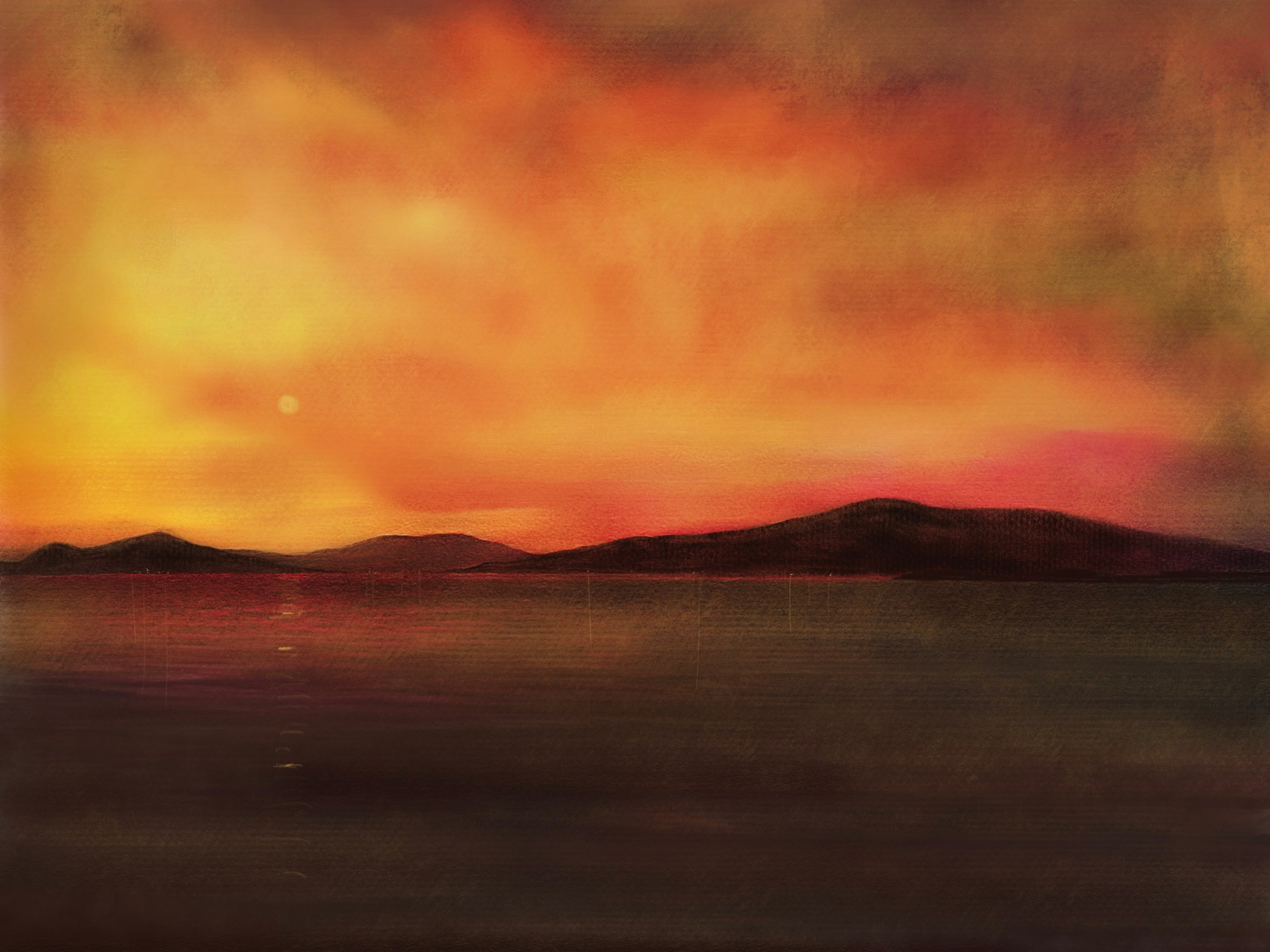 Fiery sunset landscape painting titled Harris Sunset Original Painting