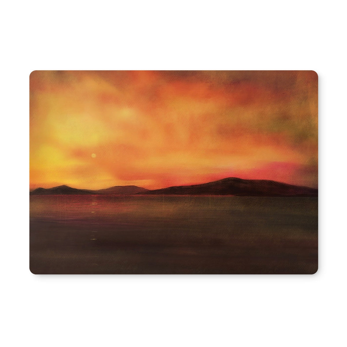 Harris Sunset Placemat with orange-yellow sunset and mountain silhouette