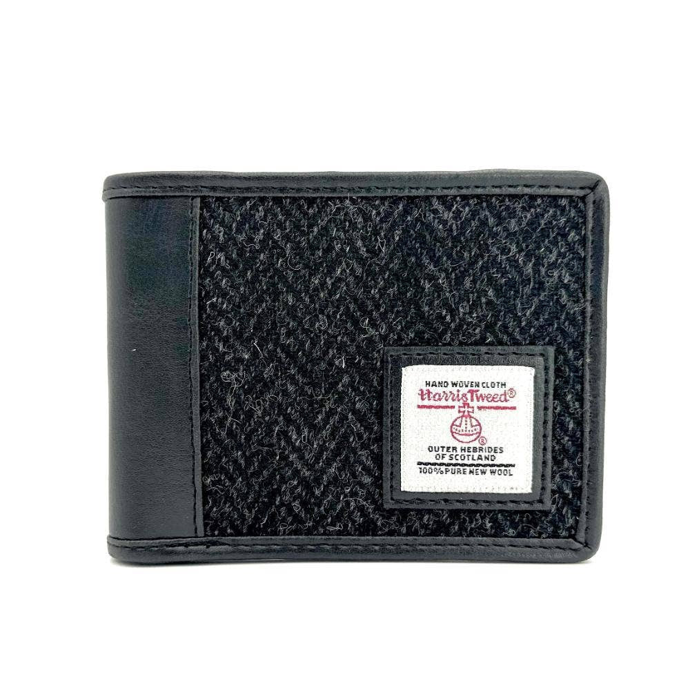 Charcoal Harris Tweed bifold coin wallet with wool texture and leather trim