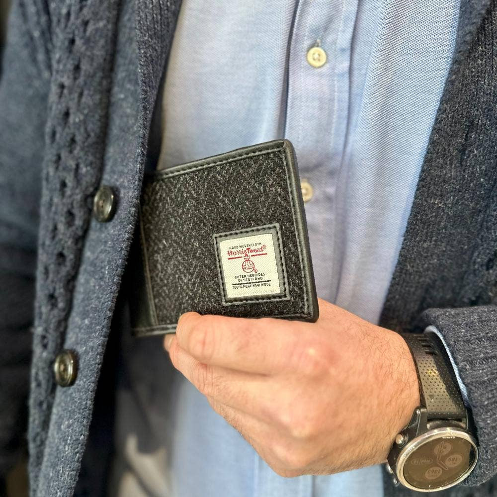 Charcoal Harris Tweed bifold coin wallet with woven texture and logo