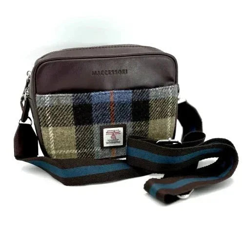 Harris Tweed blue brown camera bag with leather tweed plaid design