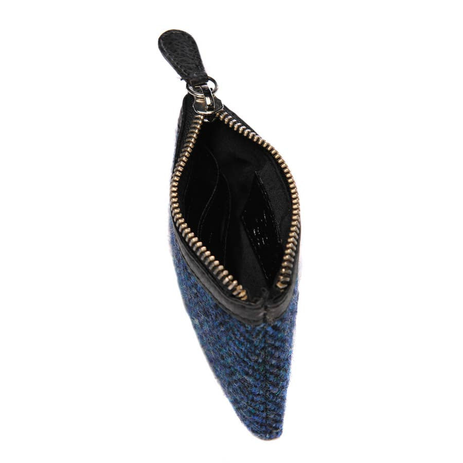Blue Harris Tweed coin purse with black leather trim and metallic zipper