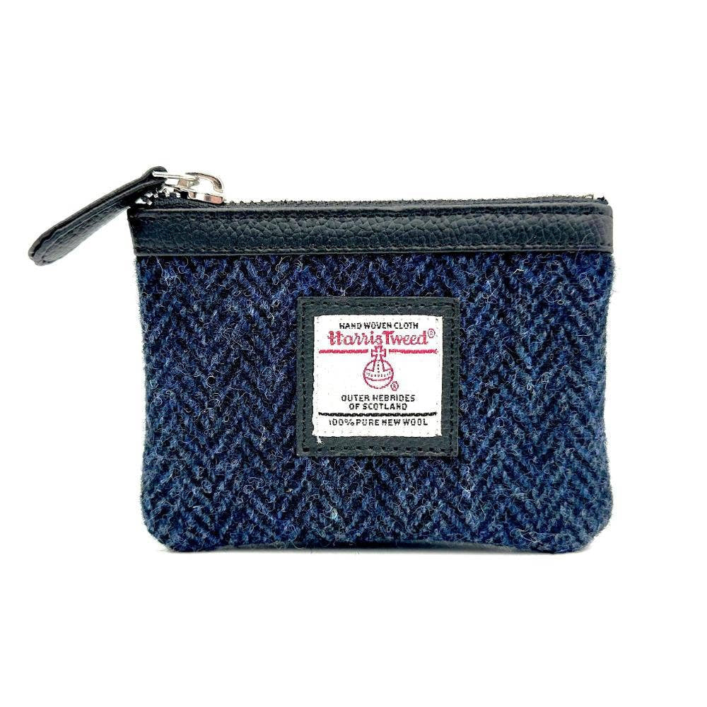 Navy blue herringbone Harris Tweed coin purse with black leather trim and silver zipper pull