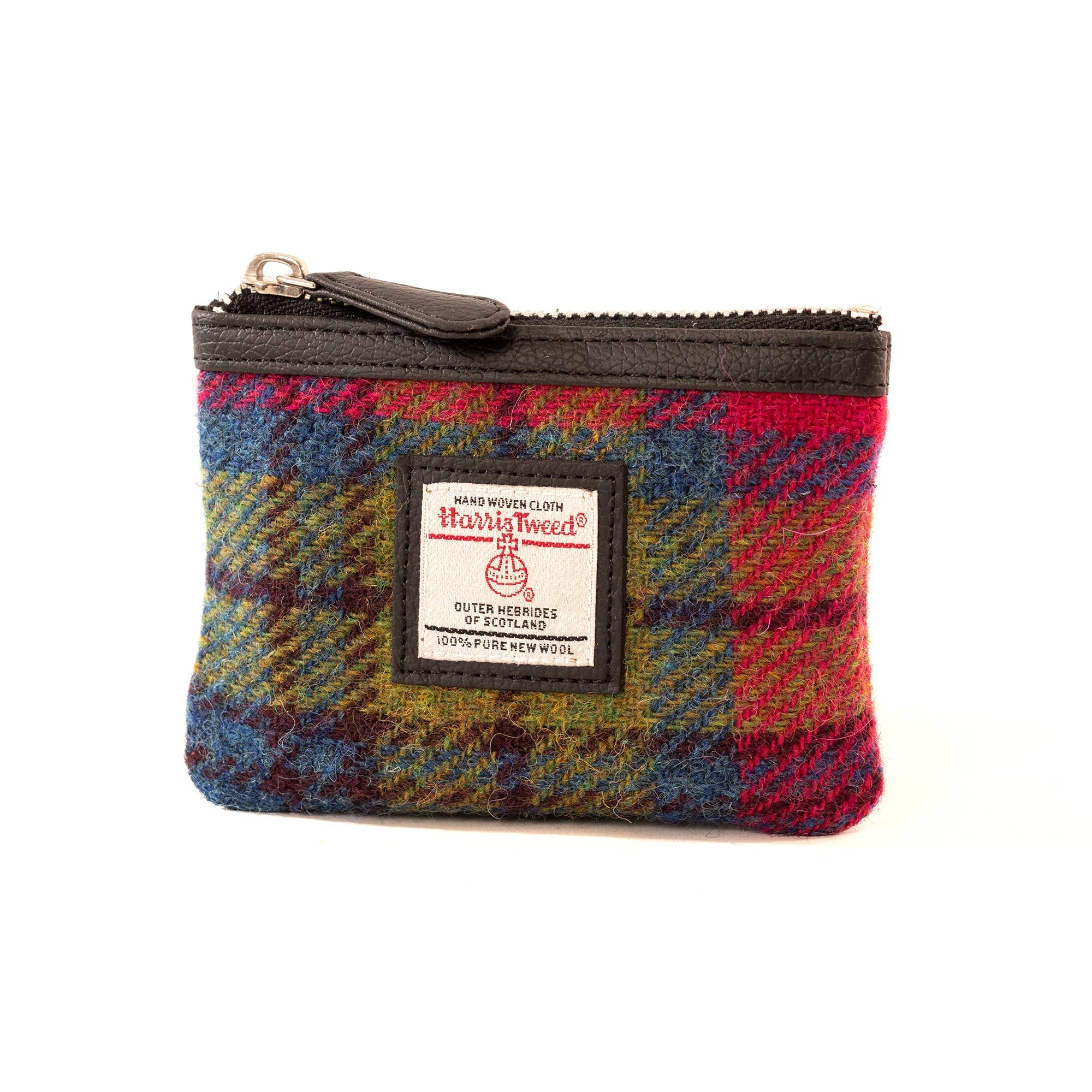 Vibrant blue pink check Harris Tweed coin purse with black leather trim