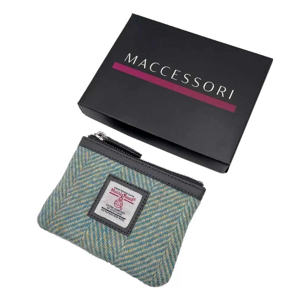 Compact teal and gray Harris Tweed herringbone coin purse with black zipper