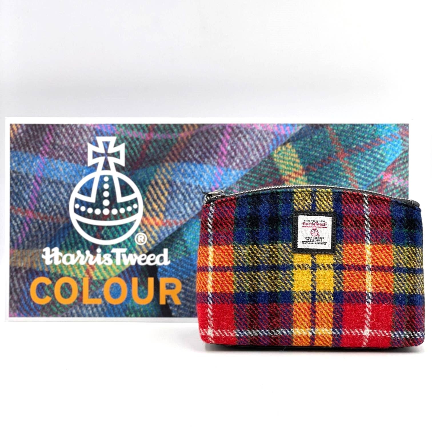 Vibrant multicolored Harris Tweed cosmetic bag in saffron plaid