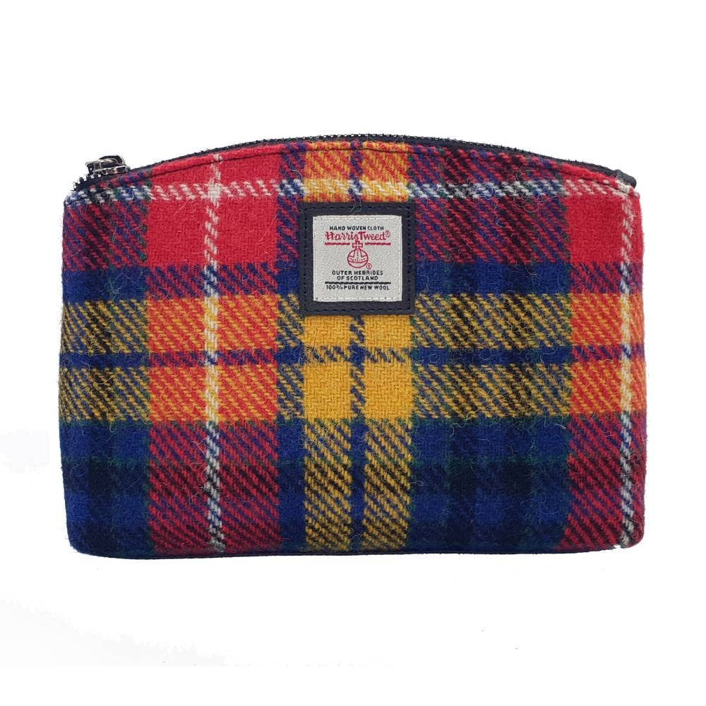 Vibrant saffron Harris Tweed cosmetic bag with plaid wool zip pouch