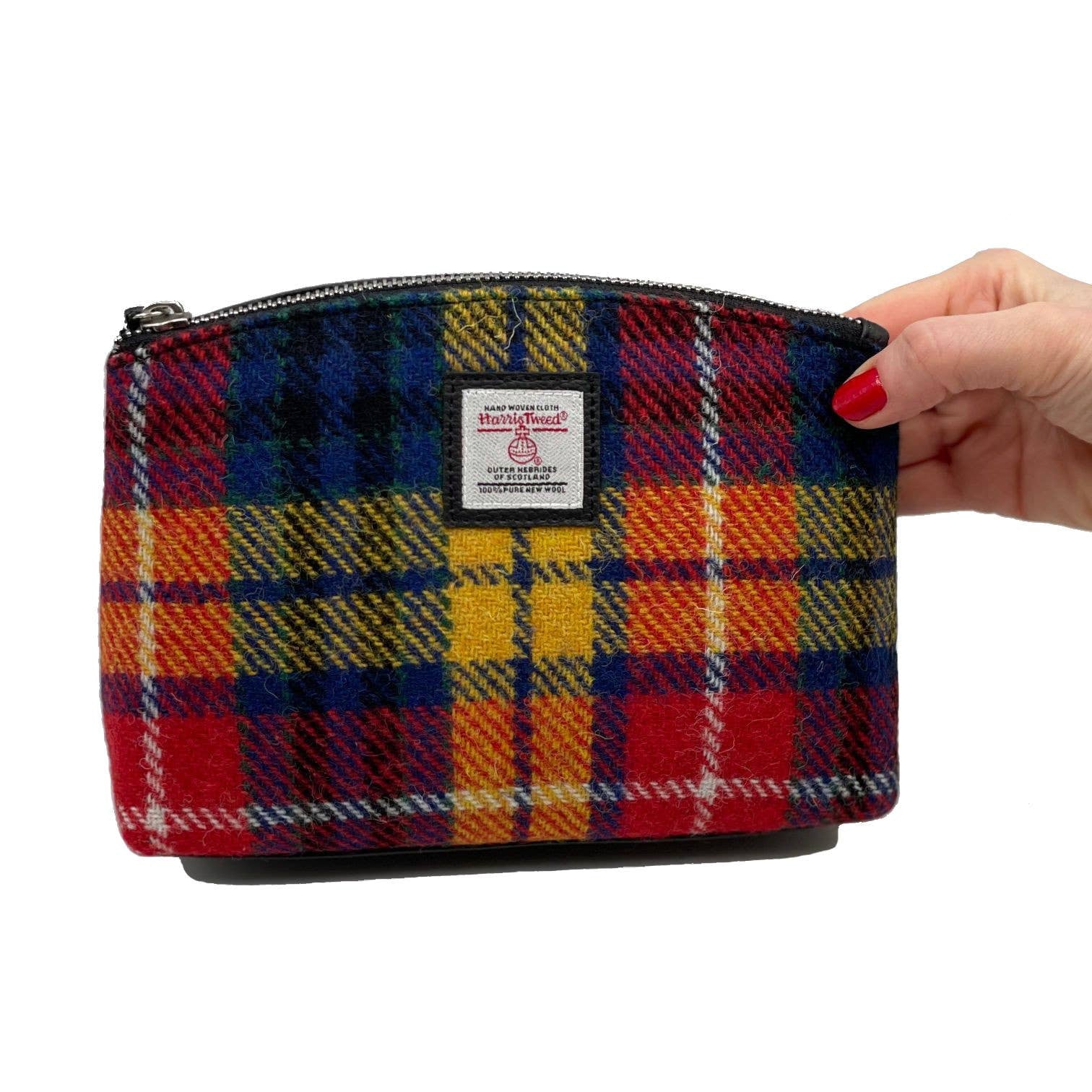 Vibrant multicolored plaid Harris Tweed cosmetic bag in saffron with black zipper