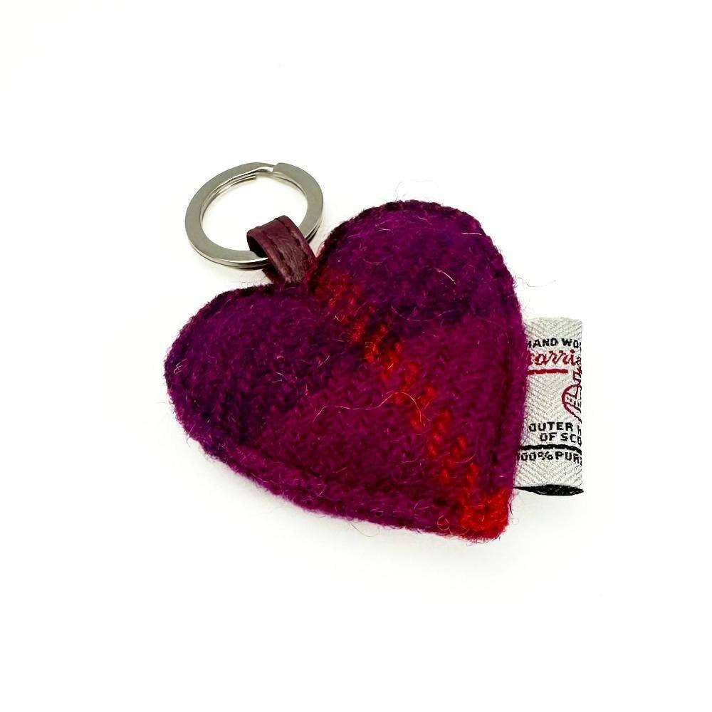 Harris Tweed purple check heart keyring in purple red wool with silver ring