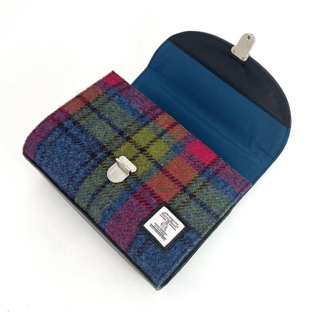 Vibrant Harris Tweed ladies mini day satchel bag in blue pink check plaid wool with navy interior and silver hardware