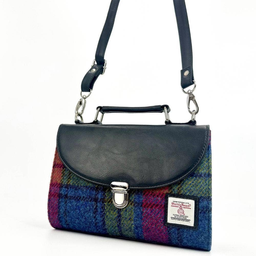 Harris Tweed ladies mini day satchel bag in blue pink check plaid wool with black leather accents