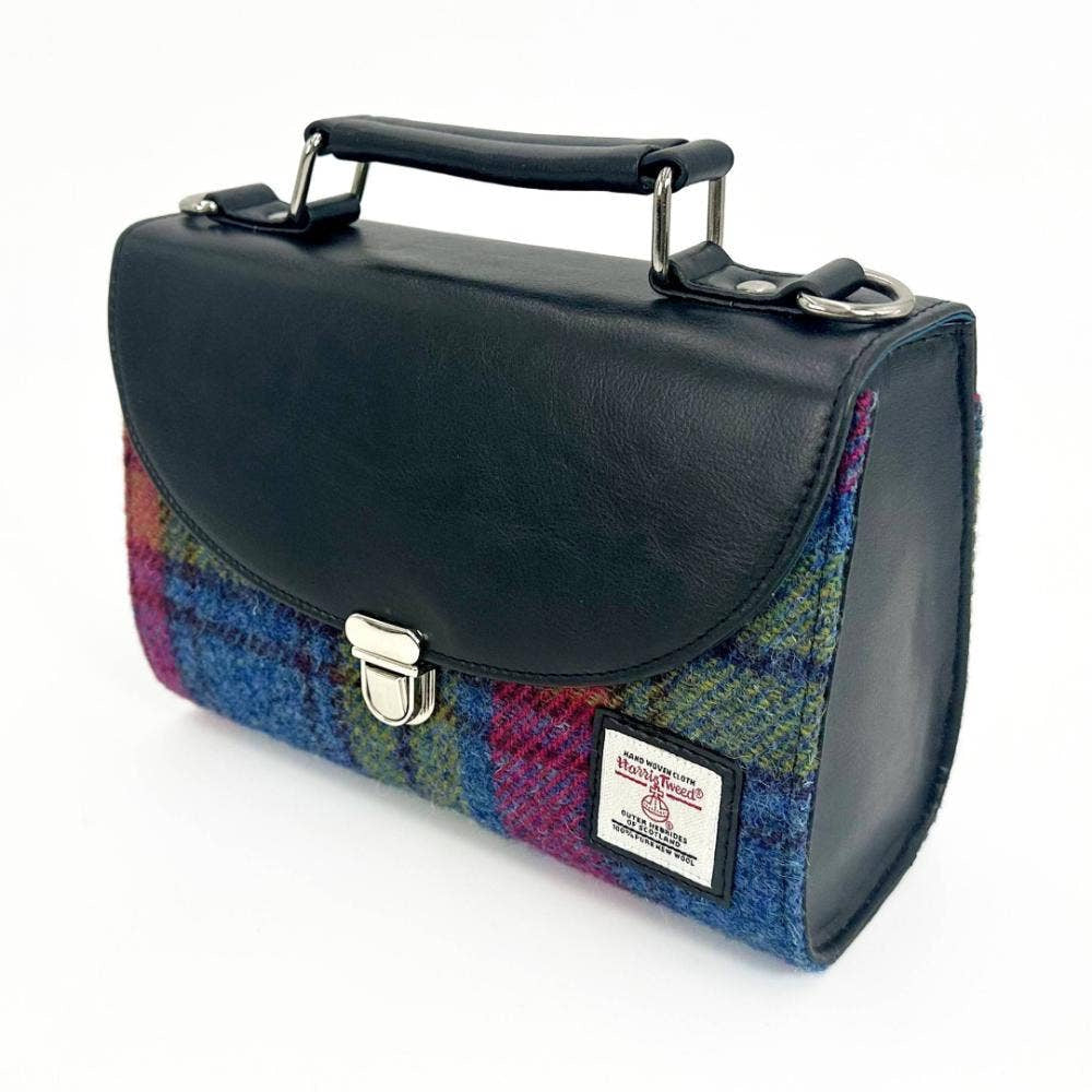 Compact black leather-top Harris Tweed mini day satchel in blue pink check with silver hardware