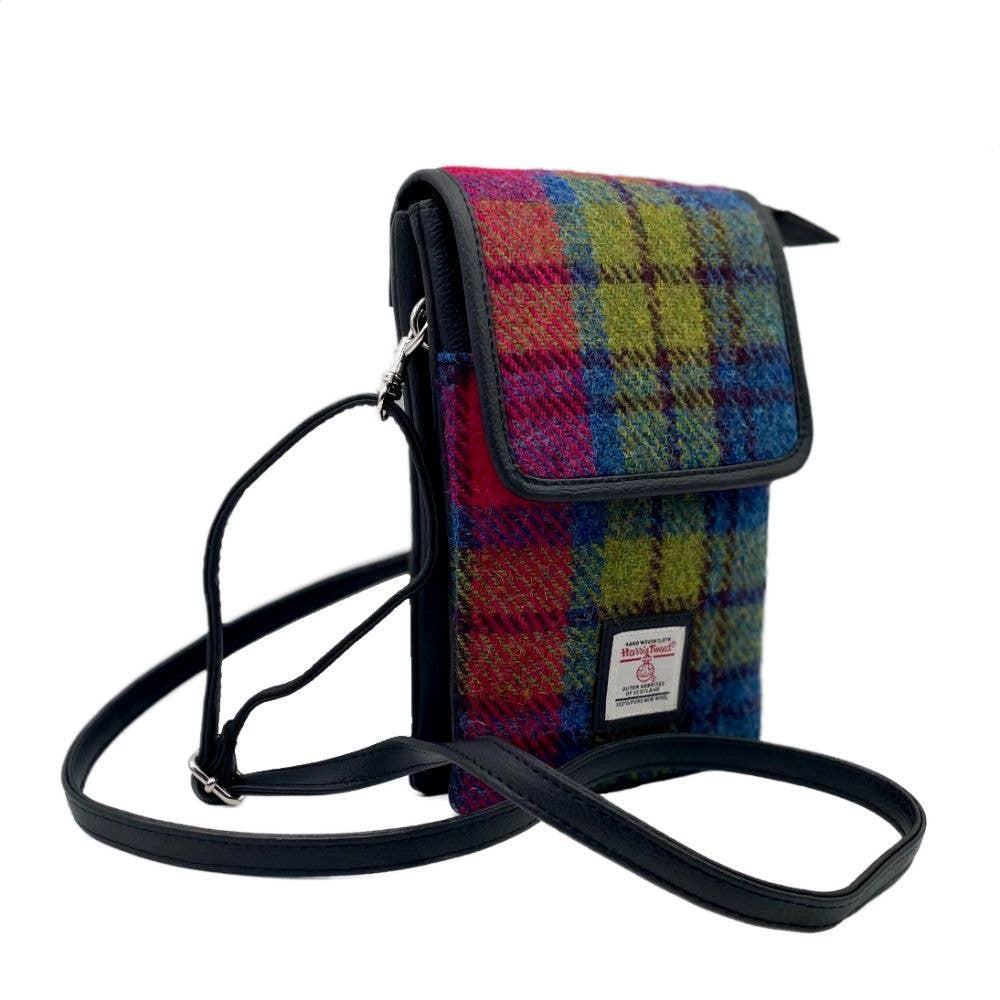 Vibrant blue pink check Harris Tweed mini crossbody bag with leather trim