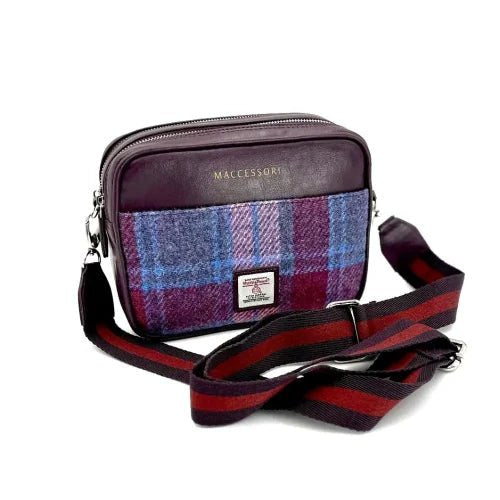 Maroon purple plaid Harris Tweed crossbody bag by Maccessory with brown leather panel