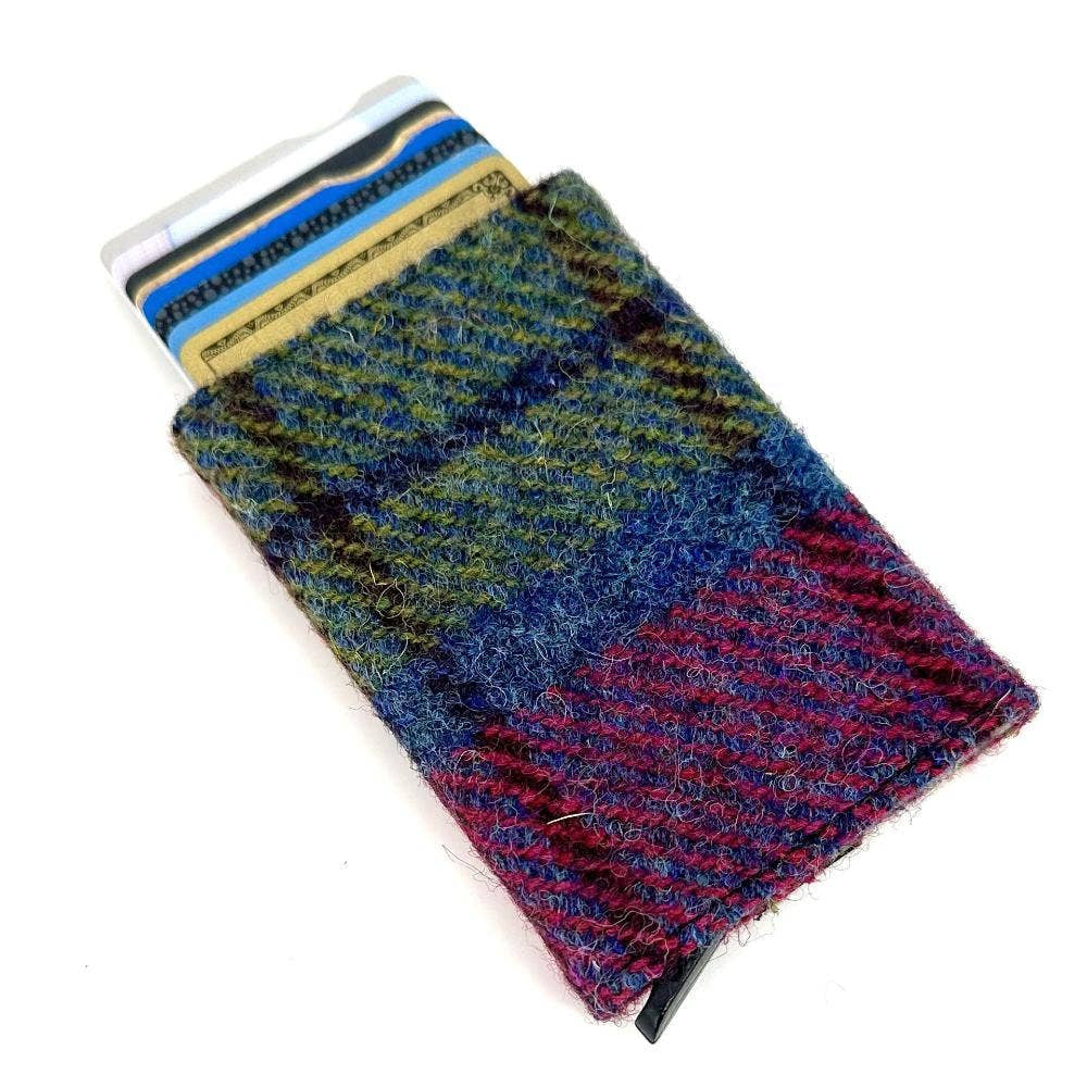 Compact Harris Tweed woolen tweed plaid card holder in blue, pink, green, burgundy