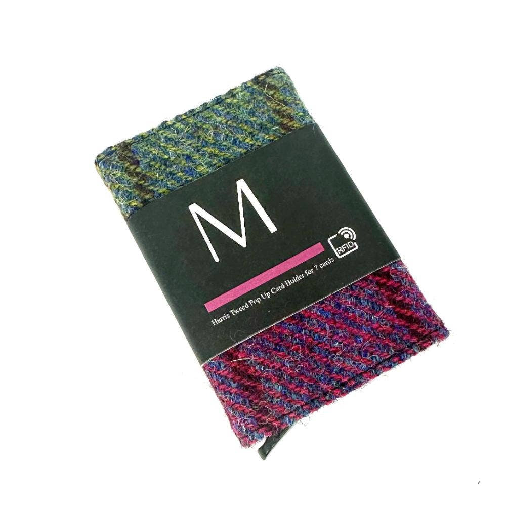 Harris Tweed pop-up card holder in multicolored blue pink check wool blend