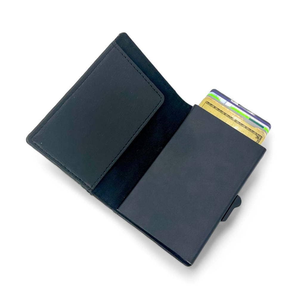 Charcoal herringbone Harris Tweed RFID pop-up card wallet back, black metal leather holder