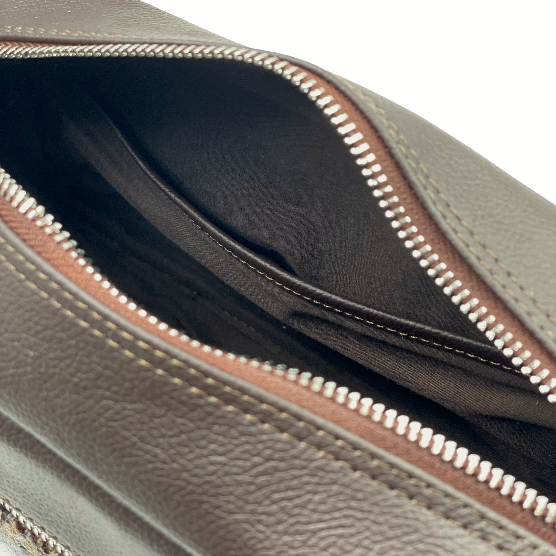 Sleek olive green leather pouch with brown zipper trim, silver zippers, Harris Tweed style